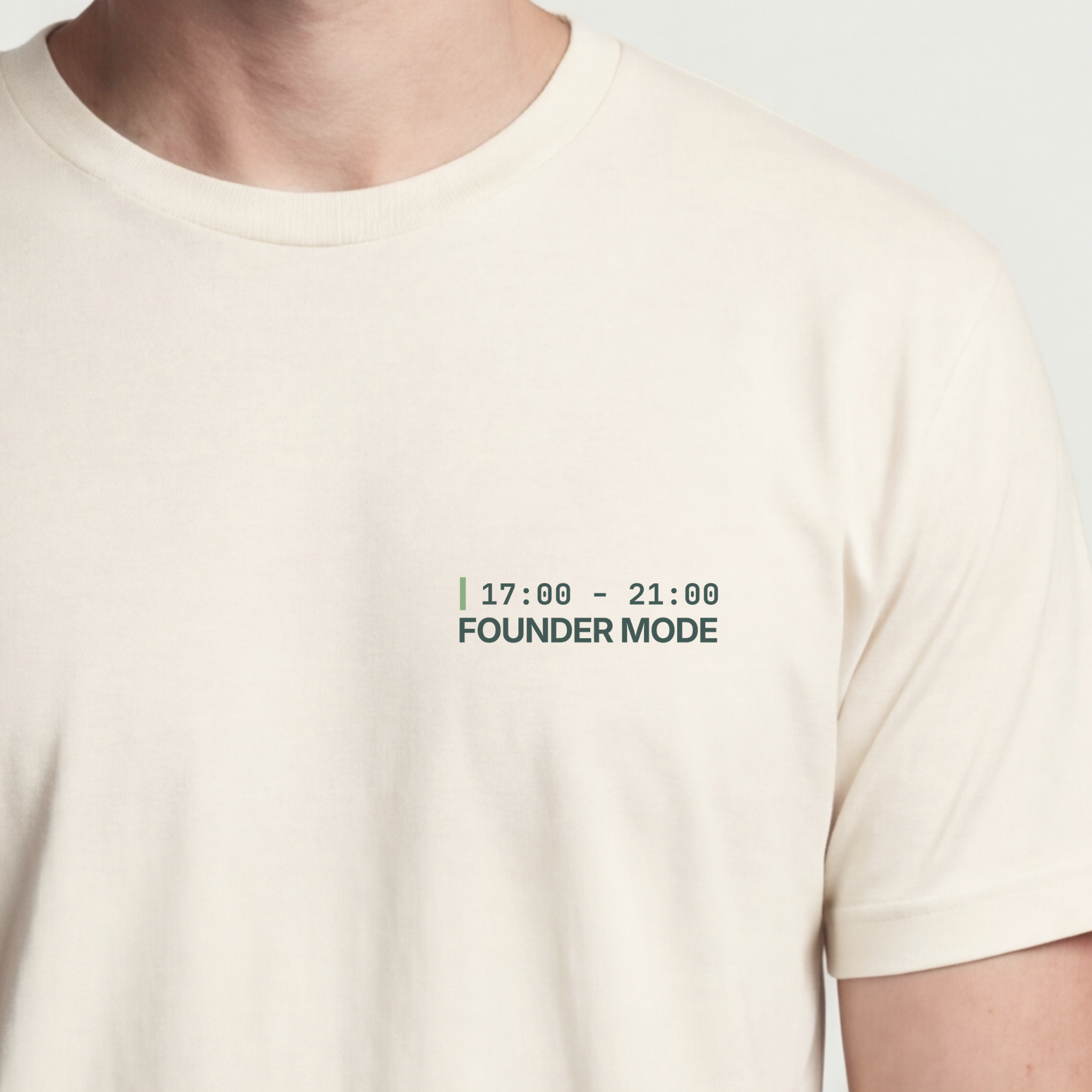 Founder Threads | 5 to 9 Founder Tee. Natural Bone technical design for full-stack developers. High-end tech aesthetic. Hero crop view.