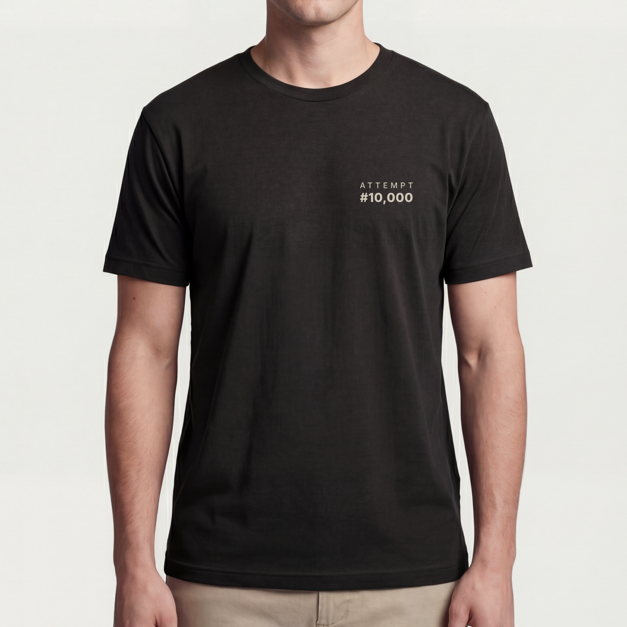 Founder Threads | Attempt #10,000 Tee. System Black CEO gear. Professional fit for technical founders with enduring grit. Full fit model view.
