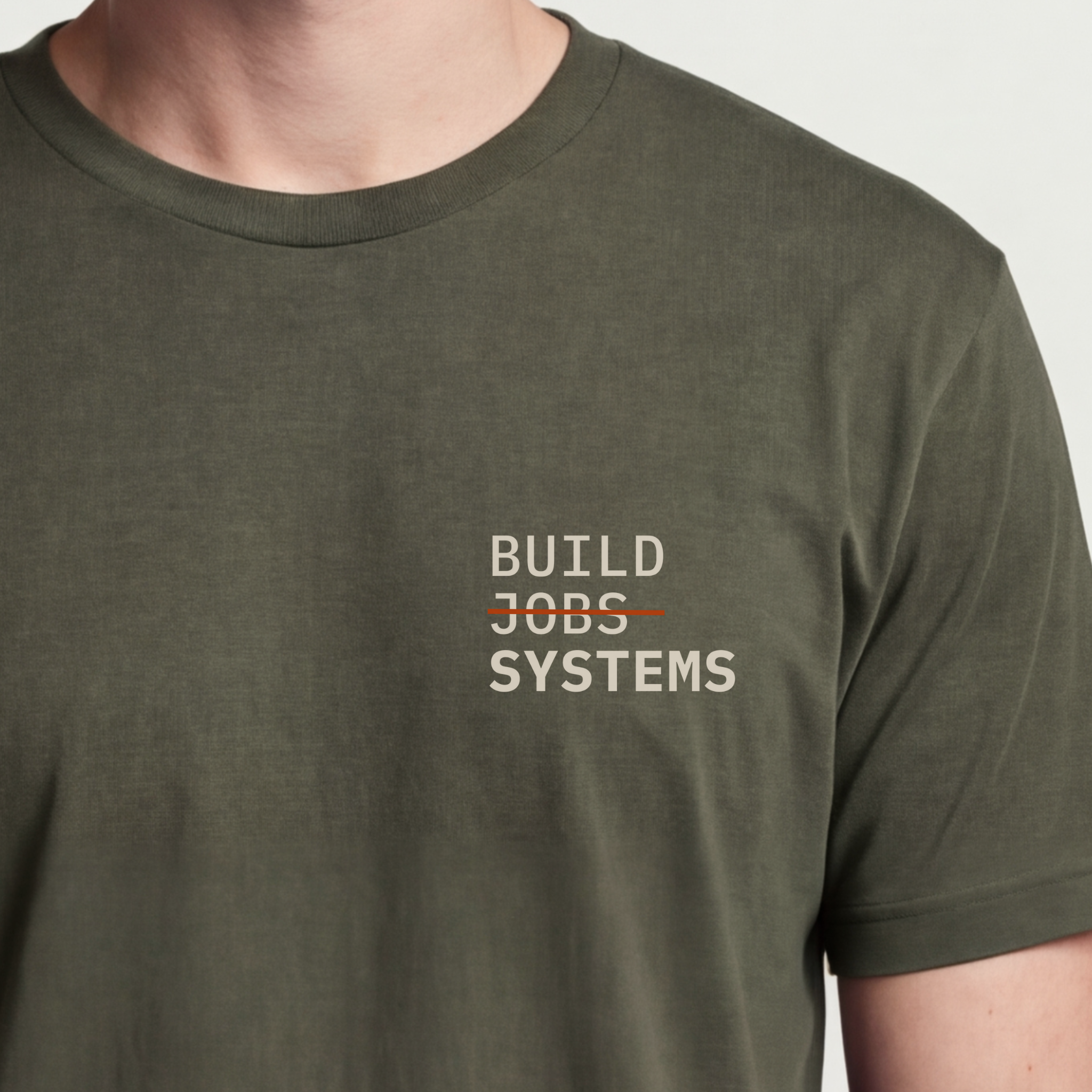 Founder Threads | Build Systems Not Jobs Tee - Builder Systems Uniform - Military Olive - Hero Crop. Make yourself useless logic gear.