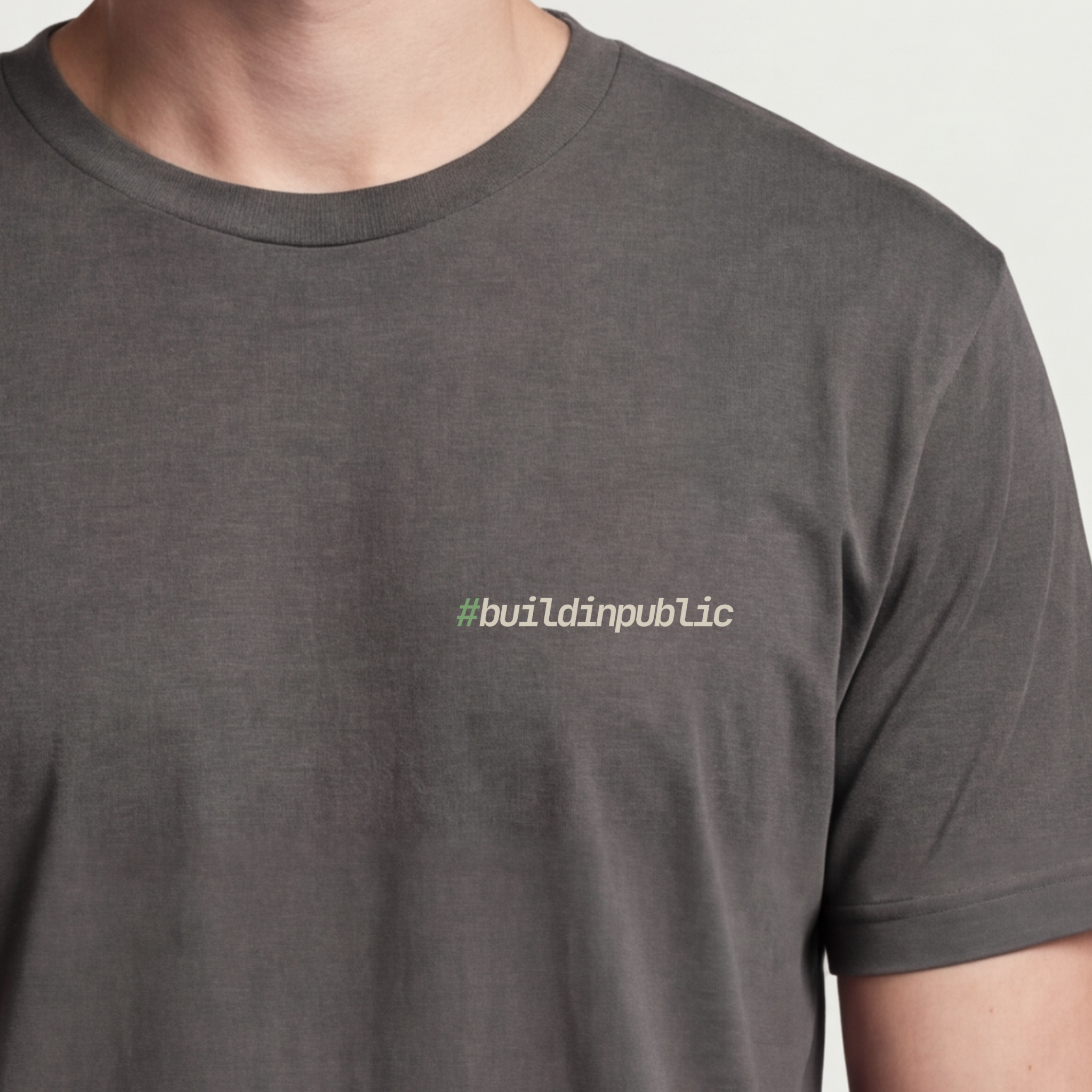 Founder Threads | buildinpublic Tee - Startup Open Logic Gear - Asphalt Grey - Hero Crop. Share the bugs and the logic gear.