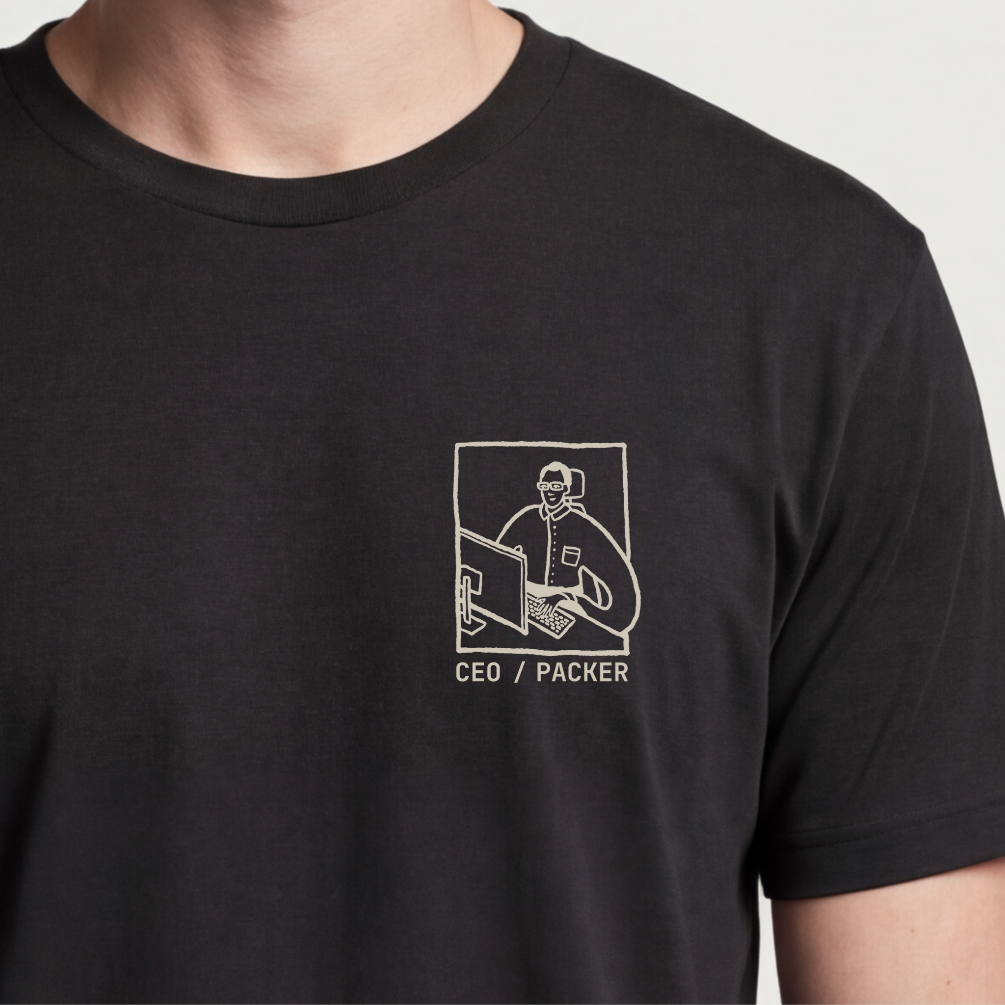 Founder Threads | CEO / Packer Tee - Solopreneur Duality - System Black - Hero Crop. Gift for Shopify entrepreneurs who handle fulfillment.