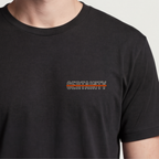 Founder Threads | Certainty Strikethrough Tee. System Black contrarian gear for technical founders. Hero crop view.
