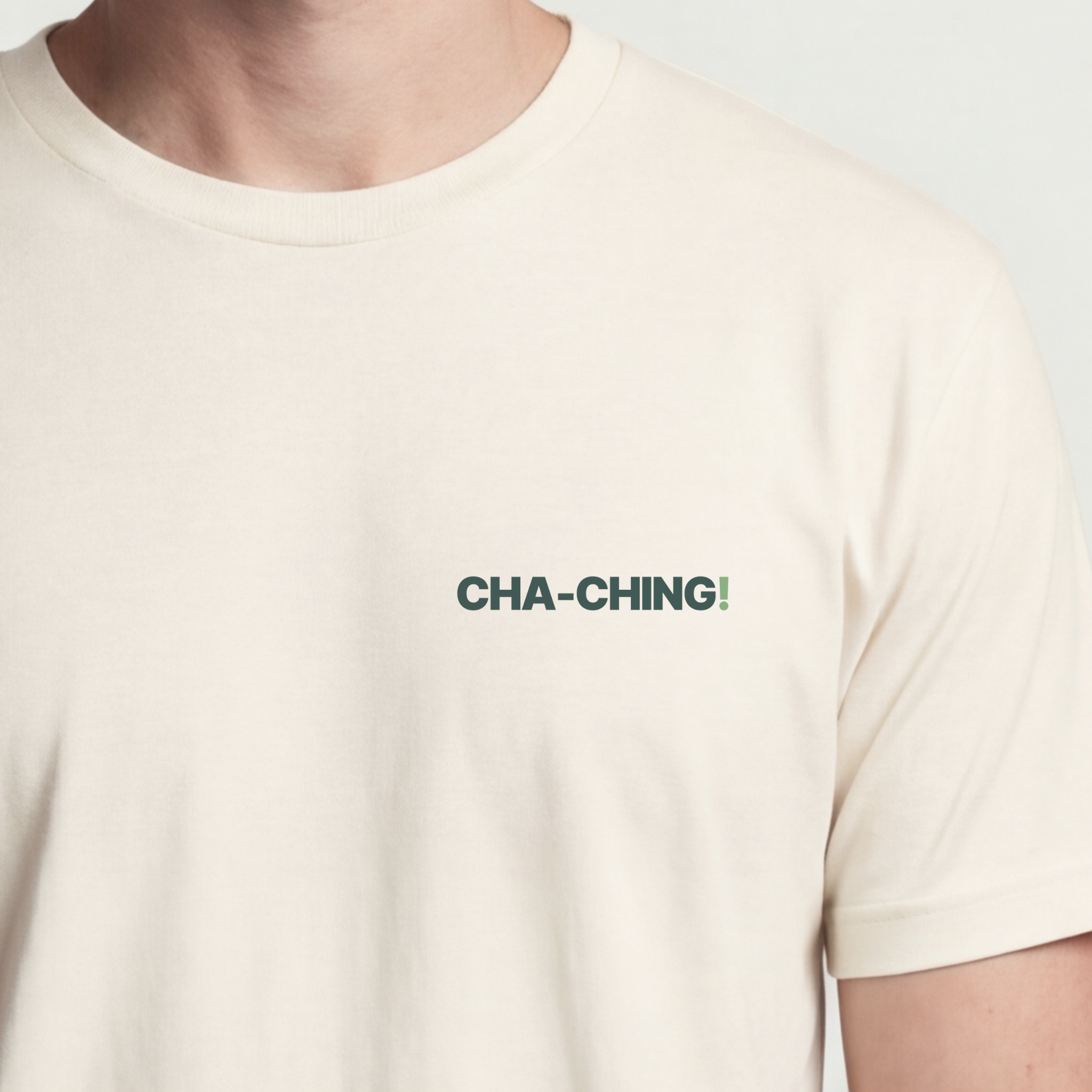 Founder Threads | Cha-Ching Technical Tee - Natural Bone - Hero Crop. Minimalist typography for software engineers and founders.