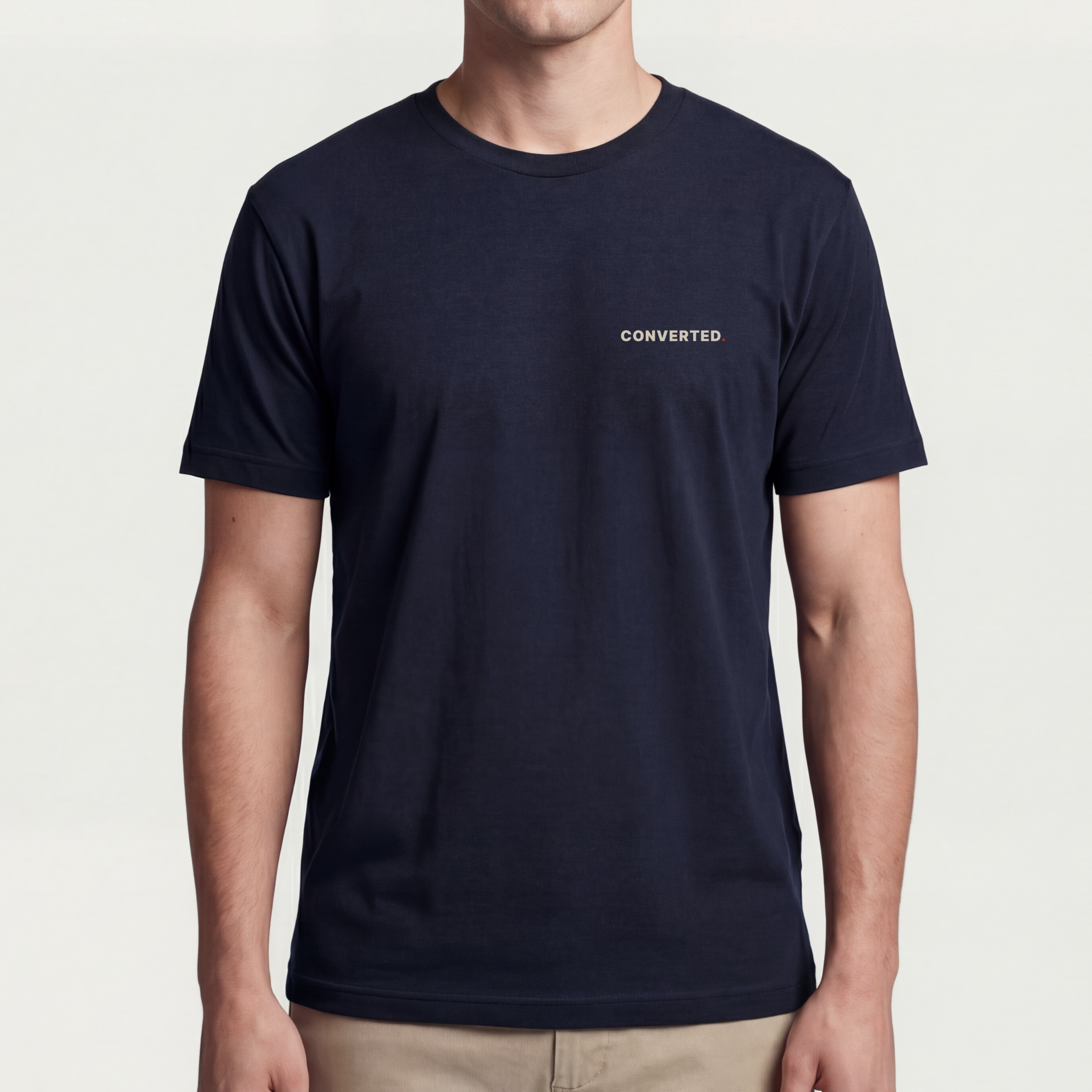 Founder Threads | CONVERTED. Tee - Midnight Navy - Full Fit View. Executive Presence gear for tech leads. High-density print on refined chassis.