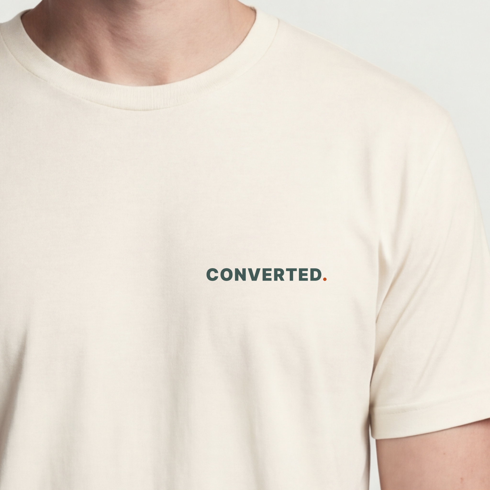 Founder Threads | CONVERTED. Technical Tee - Natural Bone - Hero Crop. Minimalist typography for software engineers and Shopify founders.