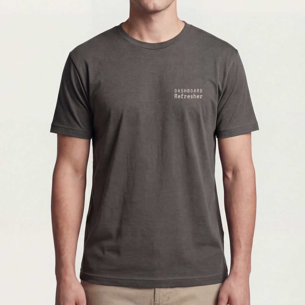 Founder Threads | Dashboard Refresher Tee - Asphalt Grey - Full Fit View. Minimalist tech founder wardrobe. Side-seamed retail fit.