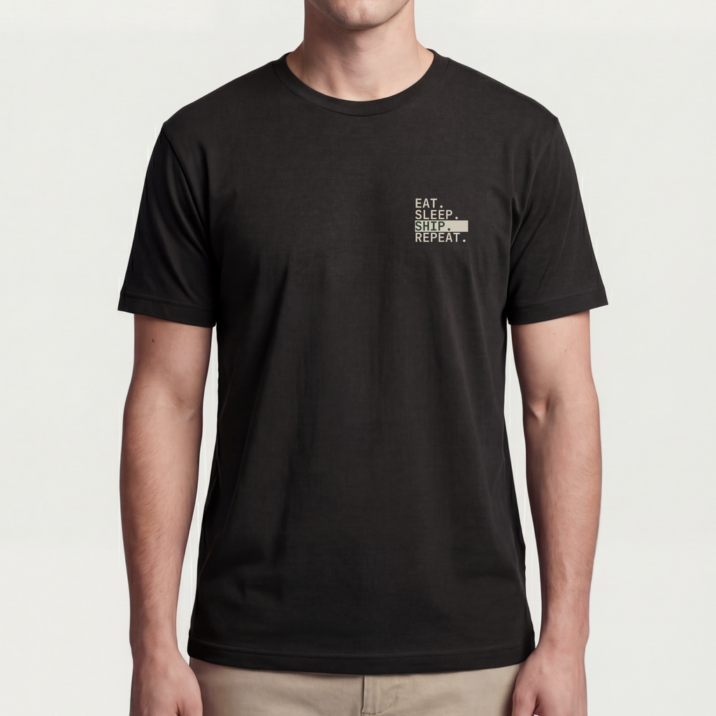 Founder Threads | Eat. Sleep. Ship. Repeat. Tee - System Black - Full Fit View. Premium CEO gear. 32-singles technical cotton.