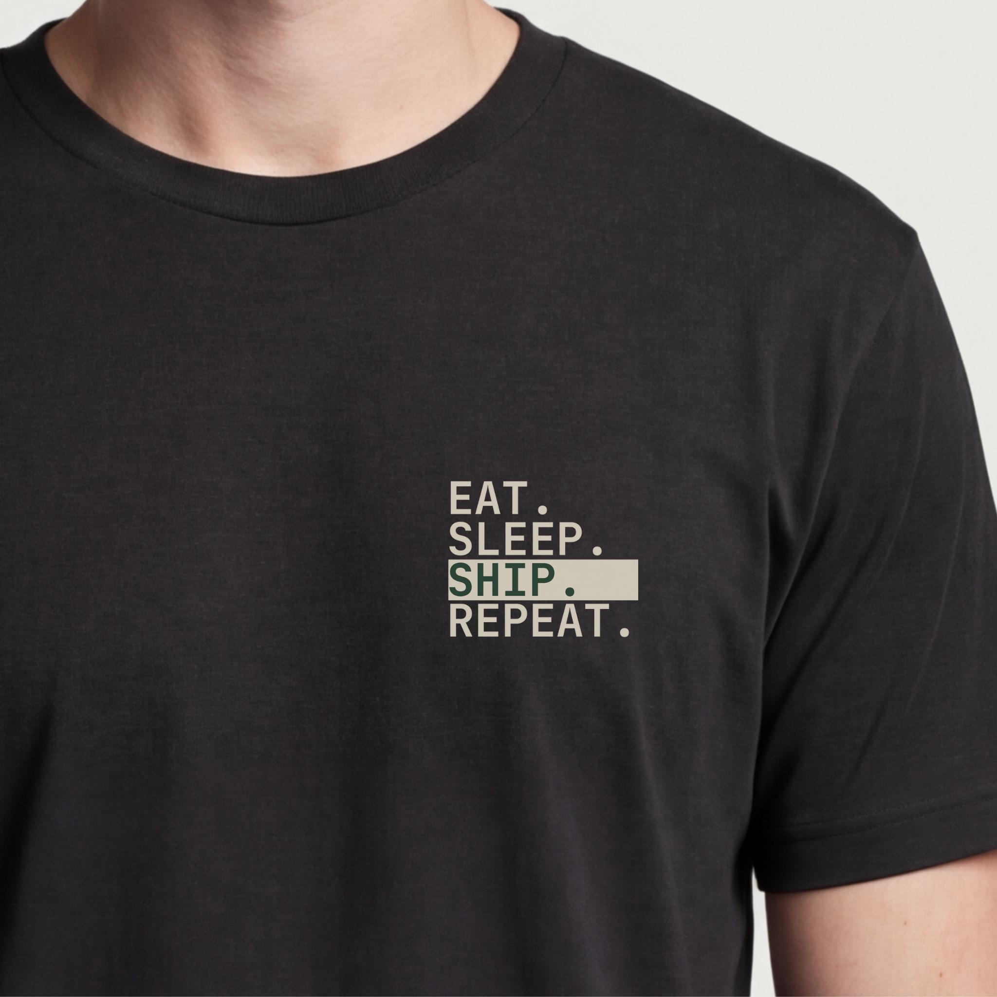 Founder Threads | Eat. Sleep. Ship. Repeat. Tee - System Black - Hero Crop. Gift for SaaS builders and technical founders.