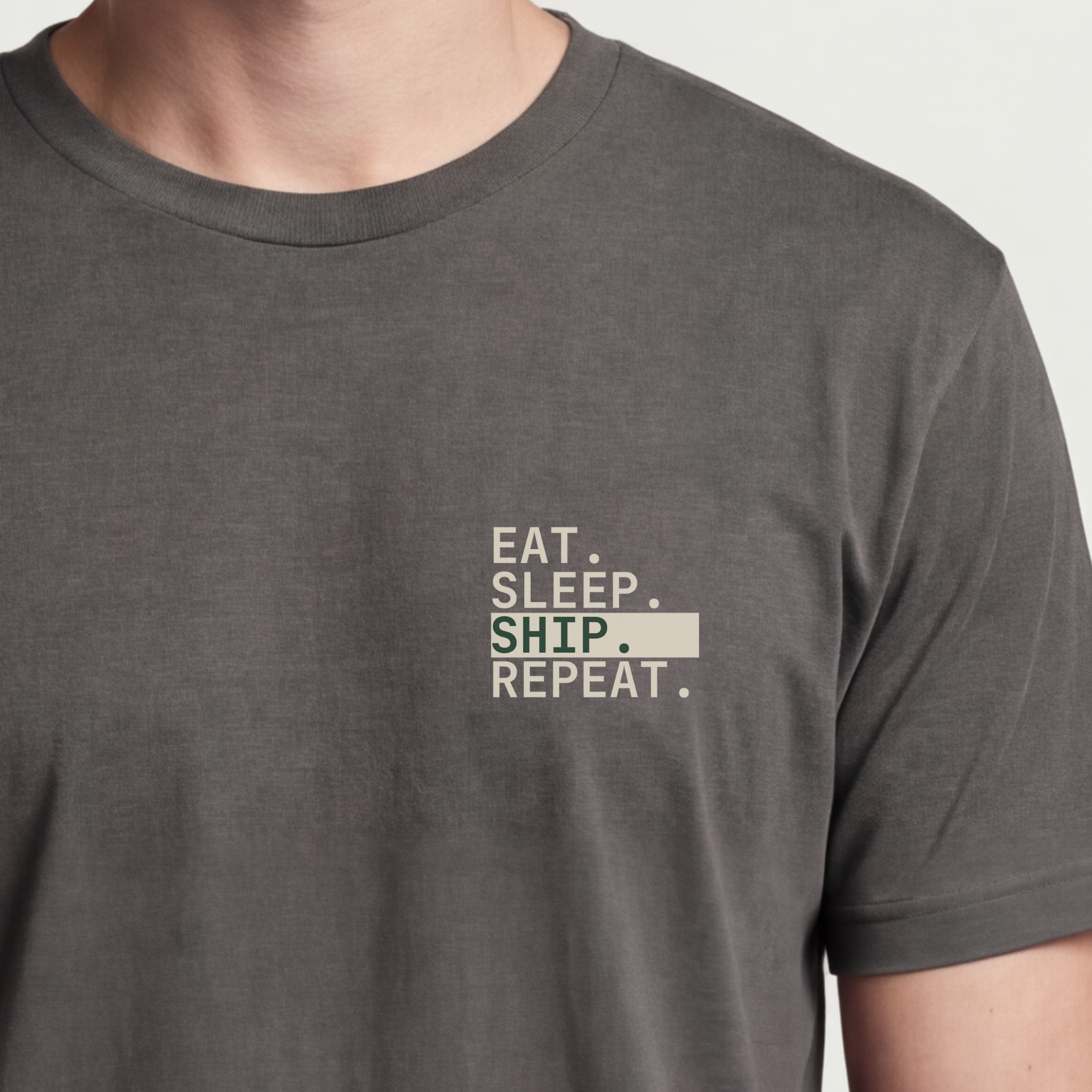 Founder Threads | Eat. Sleep. Ship. Repeat. Tee - Startup Execution Loop - Asphalt Grey - Hero Crop. Closing the gap between idea and reality.