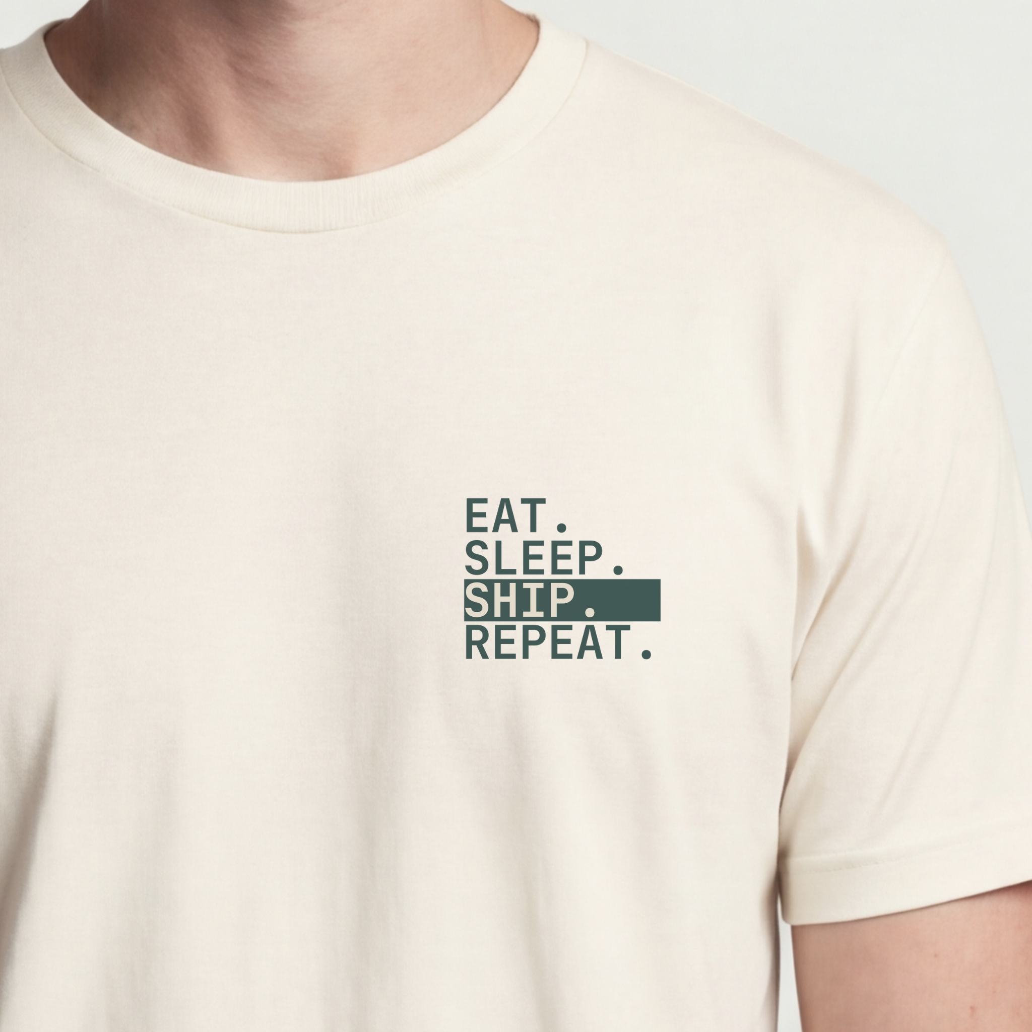 Founder Threads | Eat. Sleep. Ship. Repeat. Technical Tee - Natural Bone - Hero Crop. Minimalist typography for software engineers.