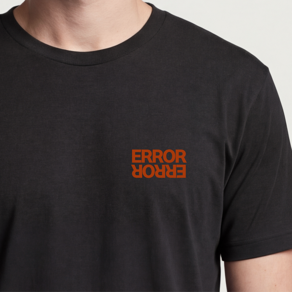 Founder Threads | The Error (500) Tee. System Black debugging irony for software engineers and tech founders. Hero crop view.