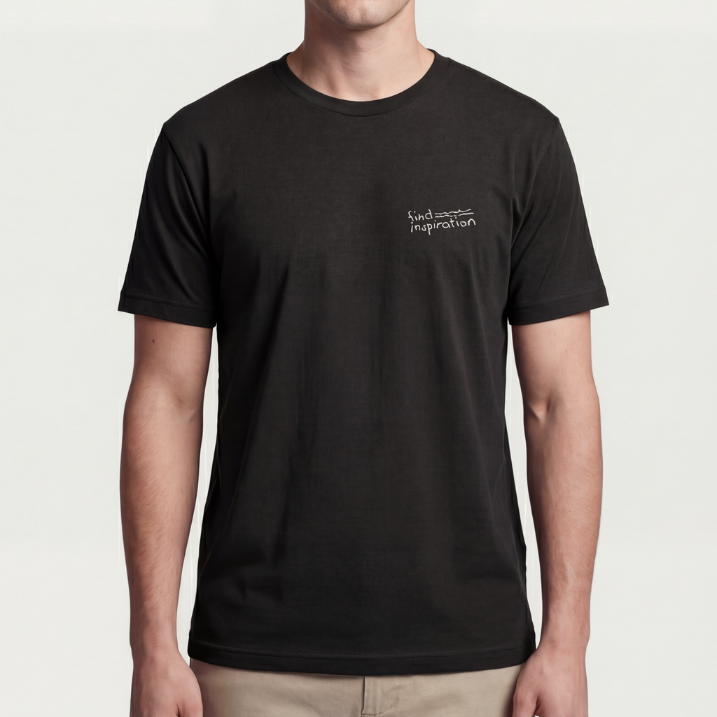 Founder Threads | Find Inspiration Tee - System Black - Full Fit View. Premium CEO uniform. 32-singles Airlume cotton on a signature chassis.