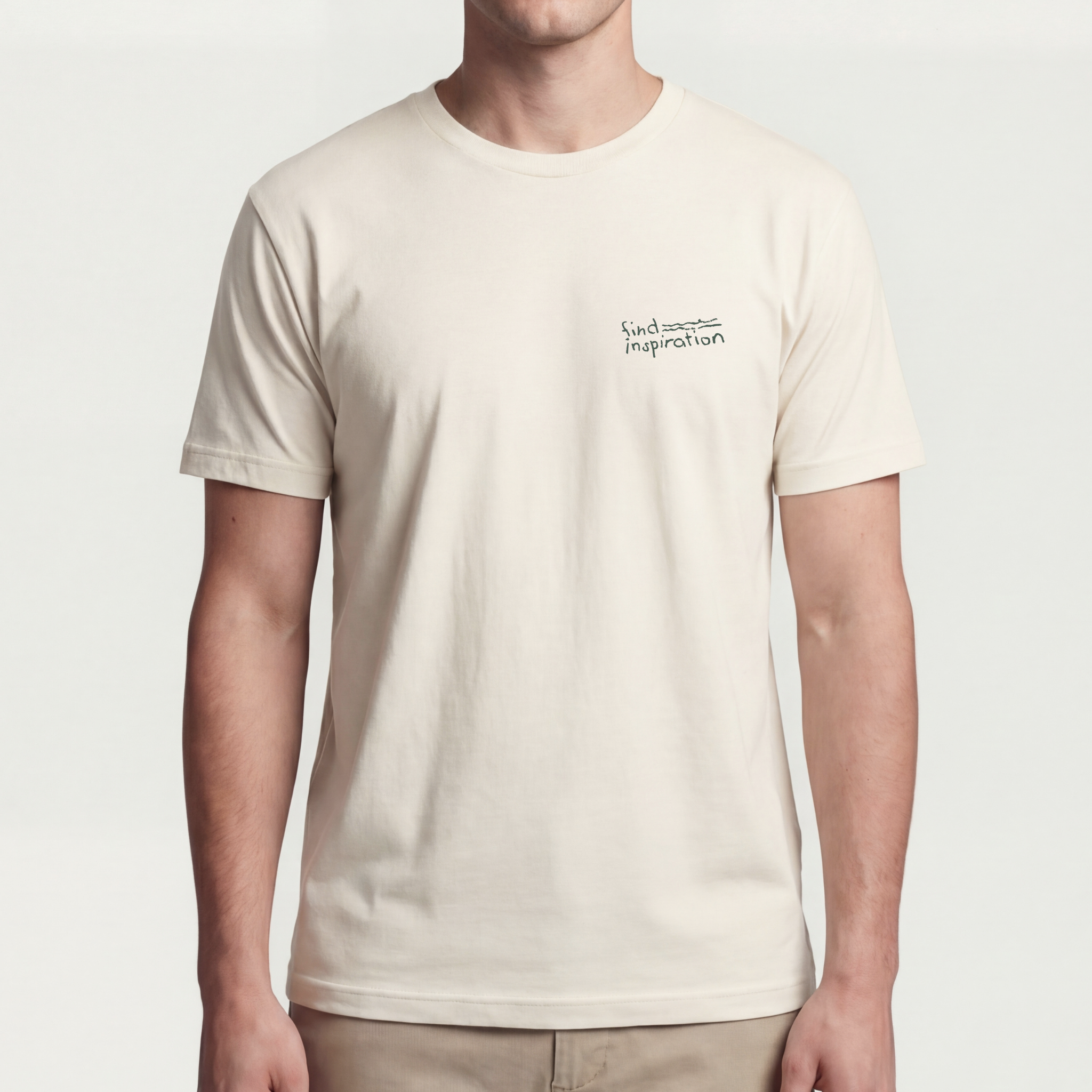 Founder Threads | Find Inspiration Tee - Natural Bone - Full Fit View. Essential gear for high-cognitive builders. High-signal statement.