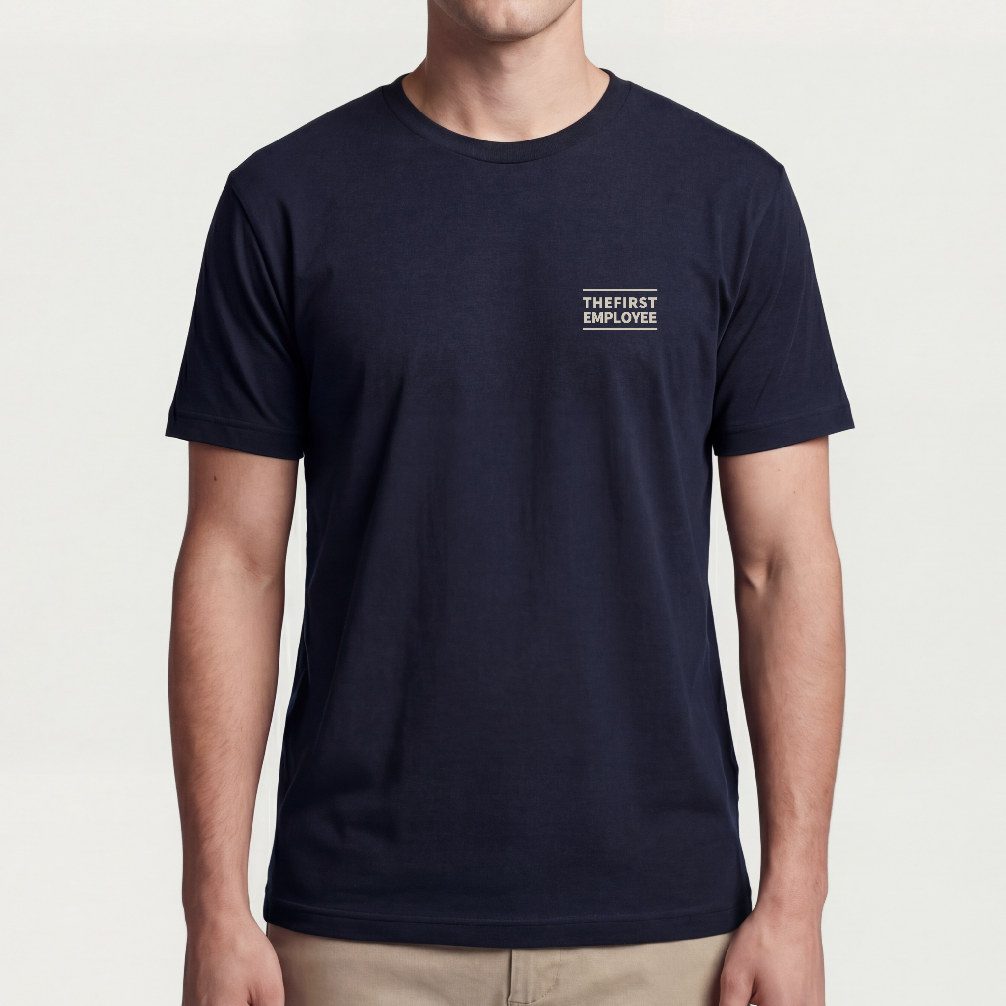 Founder Threads | The First Employee Tee - Midnight Navy - Full Fit View. Full-length view. Bella+Canvas 3001 refined cotton chassis.