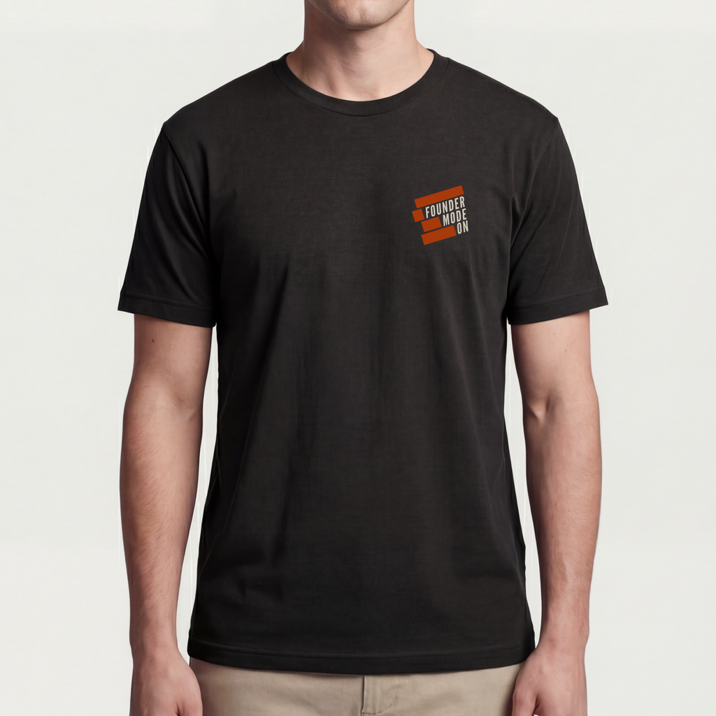 Founder Threads | FOUNDER MODE ON Tee - System Black - Full Fit View. Premium CEO execution uniform. Ultra-soft 4.2 oz Airlume combed cotton.