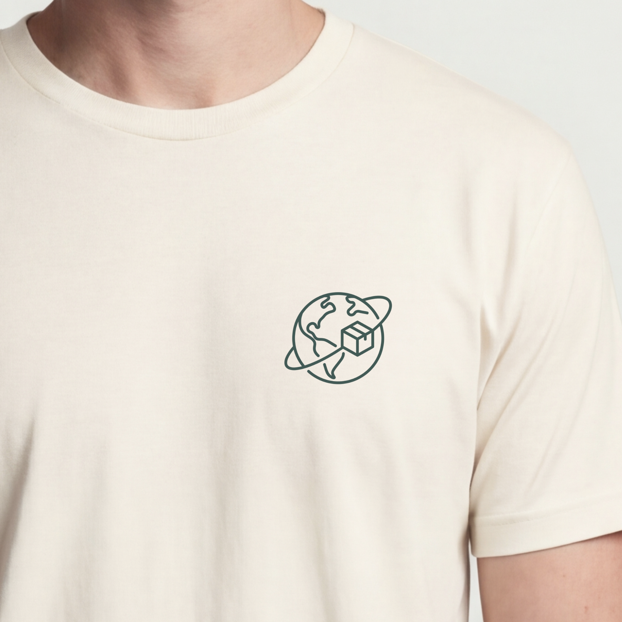 Founder Threads | Global Shipping Technical Tee. Natural Bone minimalist design for engineering founders. Hero crop view.