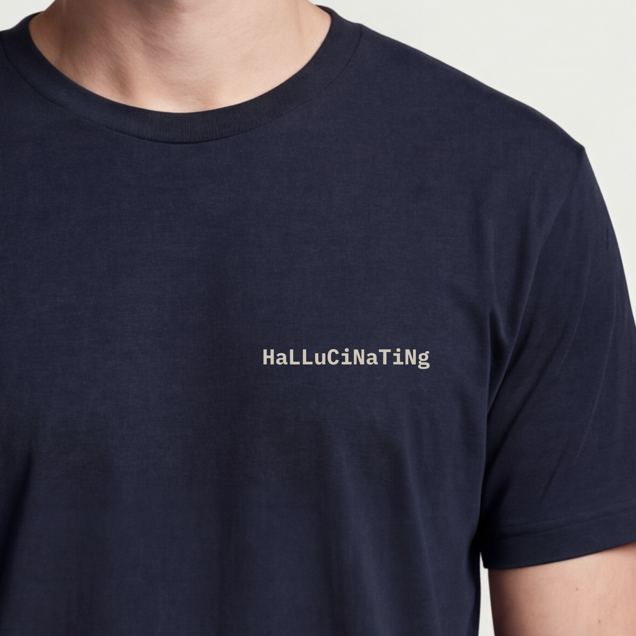 Founder Threads | Hallucinating Tee - Executive AI Builder Gear - Midnight Navy - Hero Crop. Polished AI identity apparel for demo days and deep work.