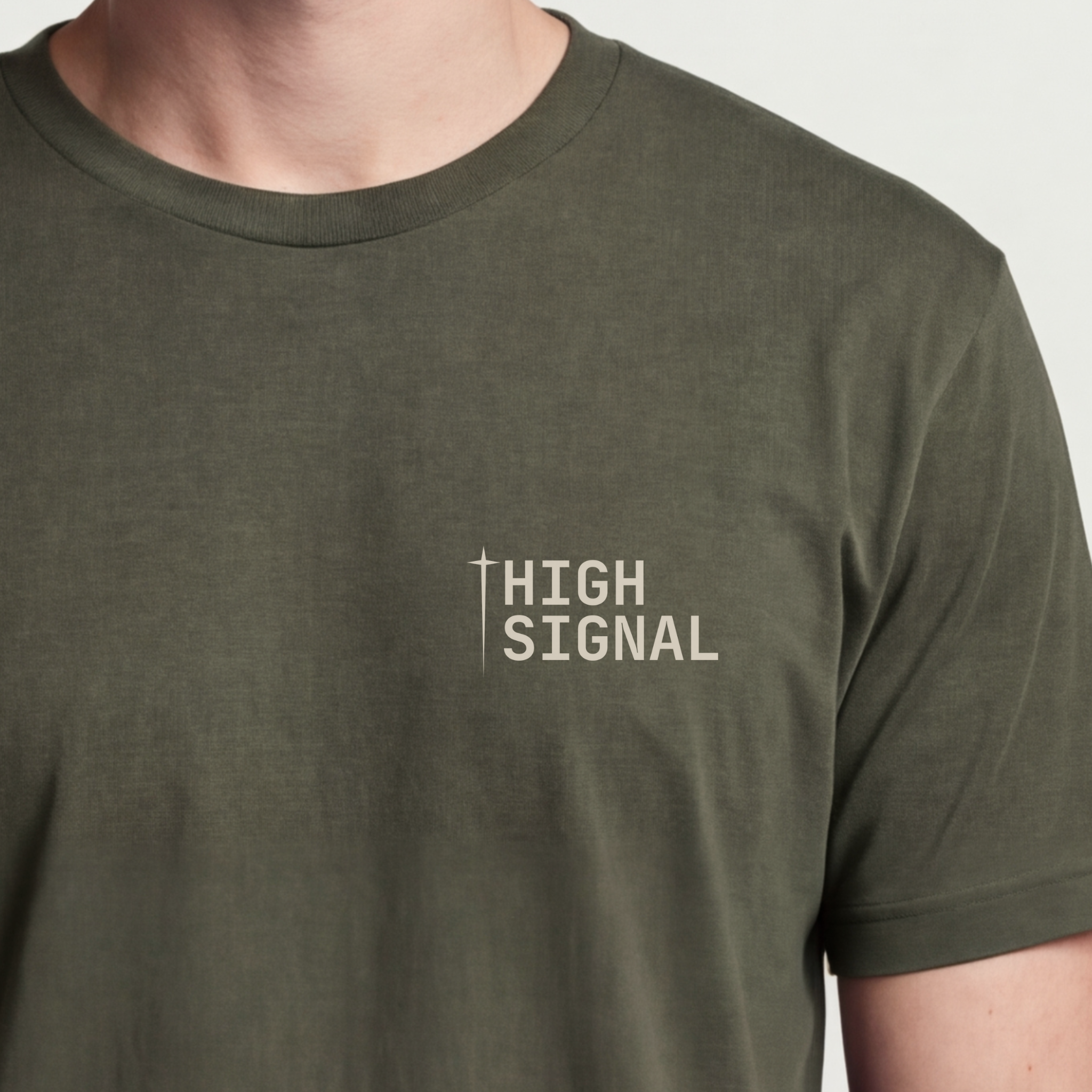 Founder Threads | High Signal Tee. Military Olive builder uniform. High-SNR aesthetic for product architects. Hero crop view.