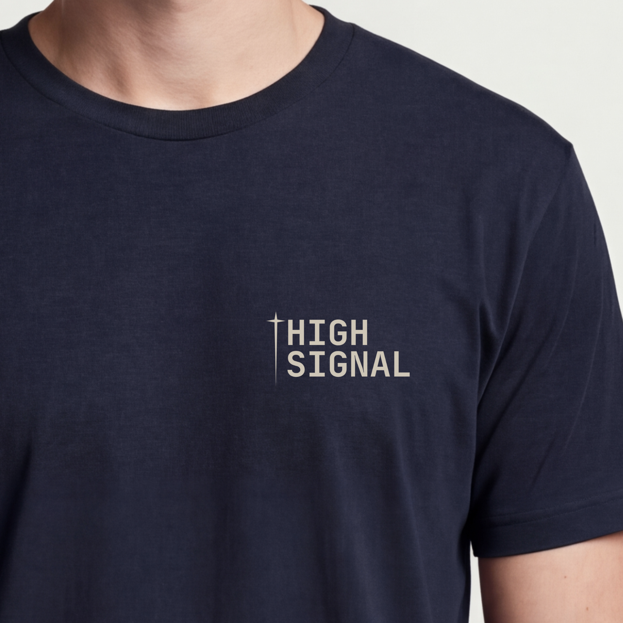 Founder Threads | High Signal Tee. Midnight Navy entrepreneur status symbol for technical leaders. Hero crop view.