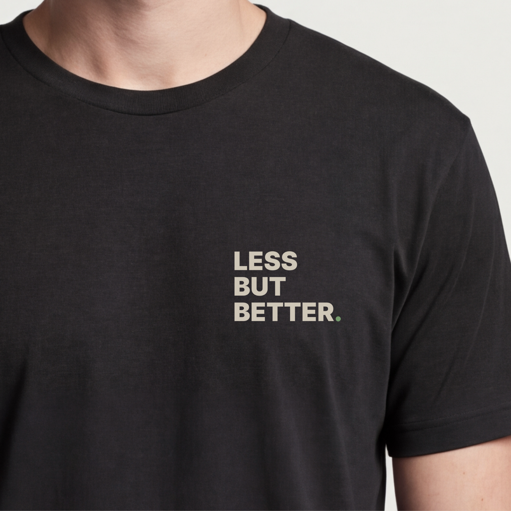 Founder Threads | Less But Better Tee - Dieter Rams Logic - System Black - Hero Crop. Gift for minimalist software architects and makers.