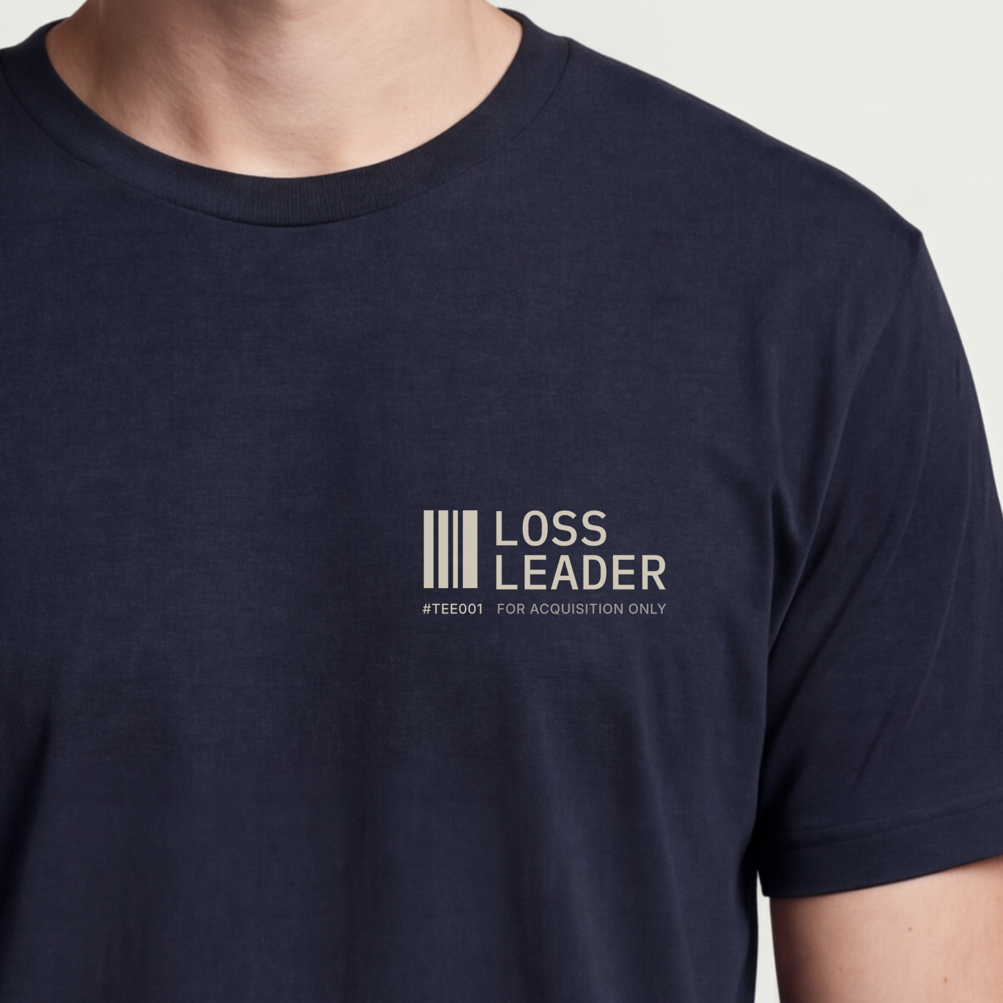 Founder Threads | Loss Leader Tee - Entrepreneur Ecosystem Gear - Midnight Navy - Hero Crop. High-SNR minimalist apparel for SaaS builders.