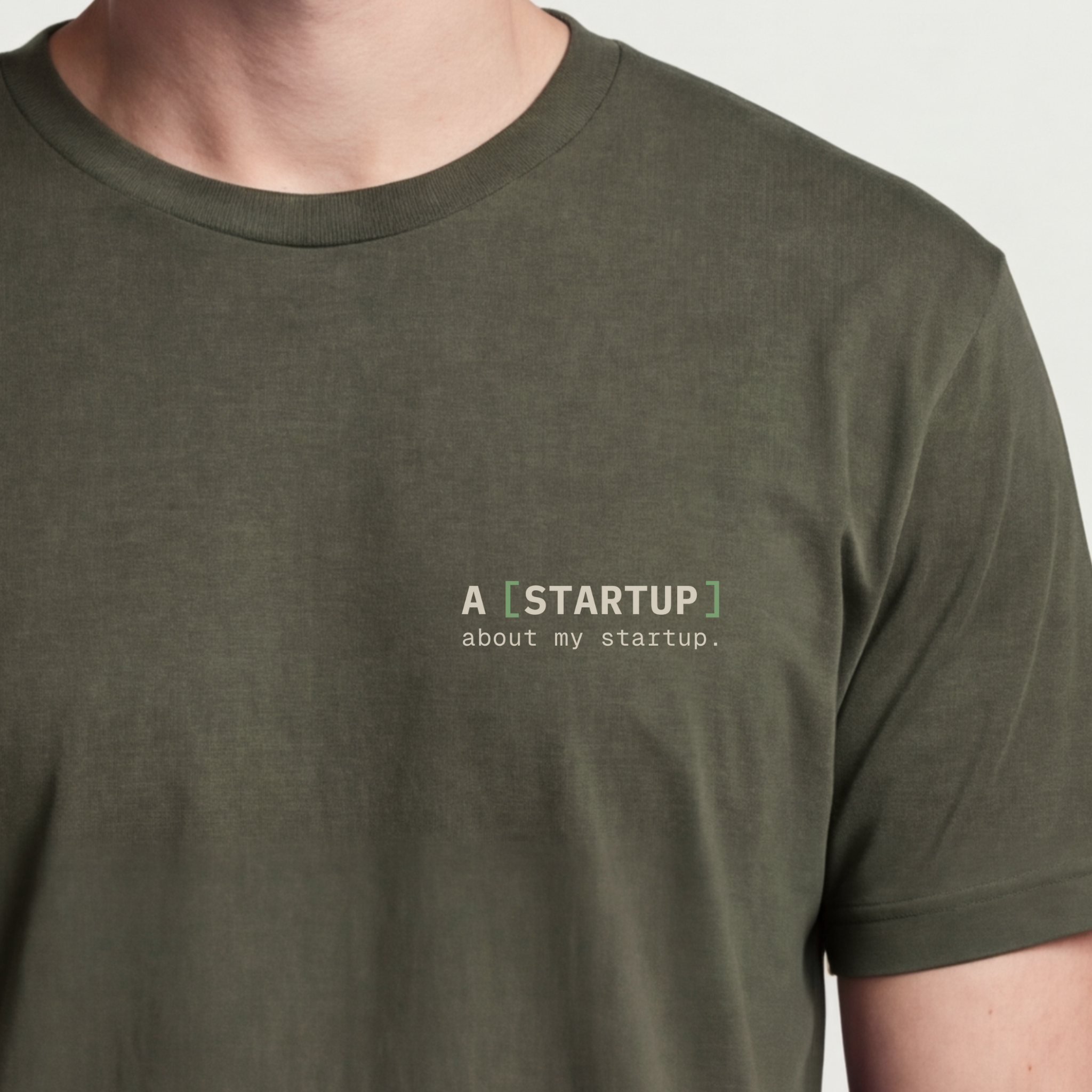 Founder Threads | Startup Recursion Tee. Military Olive builder uniform. Recursive minimalist tech design. Hero crop view.