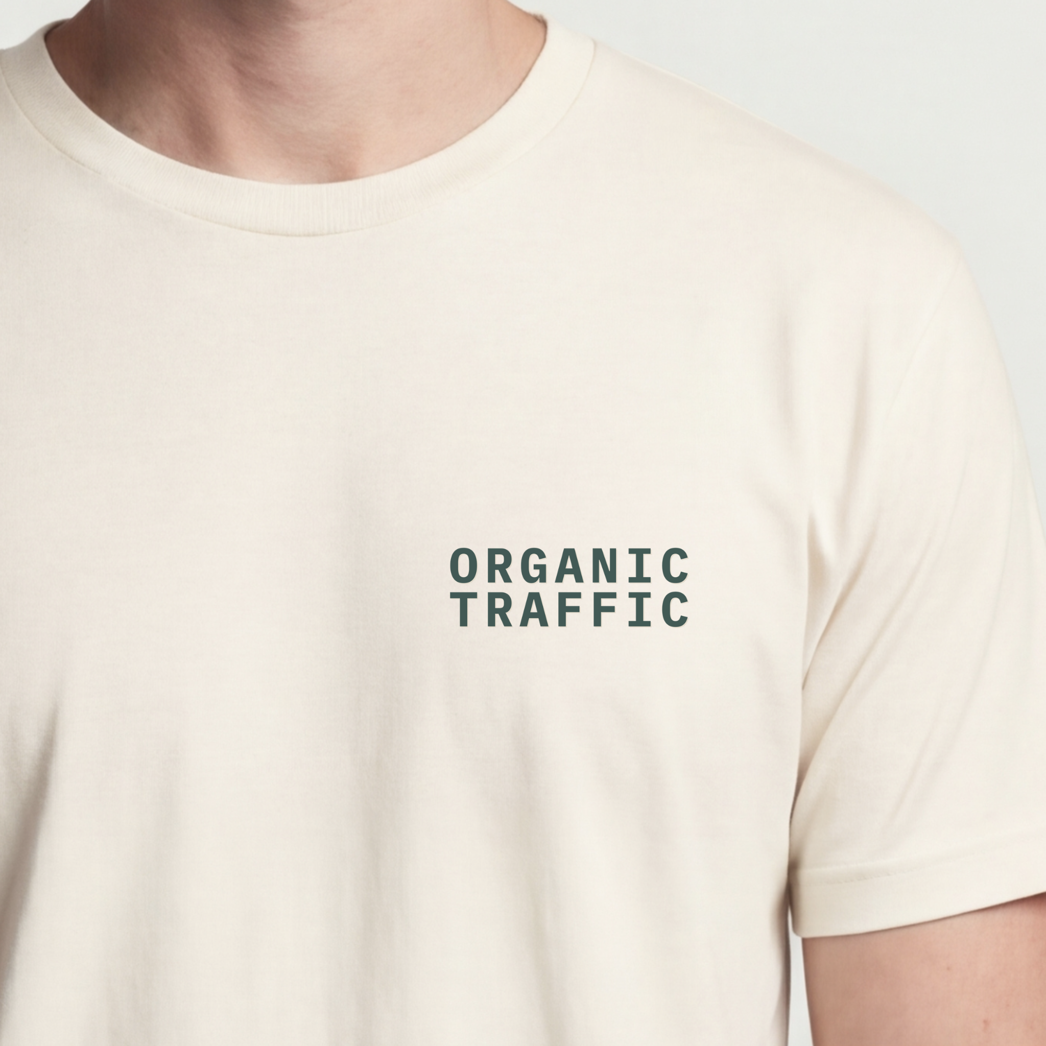 Founder Threads | Organic Traffic Technical Tee - Natural Bone - Hero Crop. Minimalist typography for SEO managers and SaaS founders.