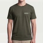 Founder Threads | Prompter Tee - Military Olive - Full Fit View. Full fit reference. Side-seamed 32-singles cotton build.