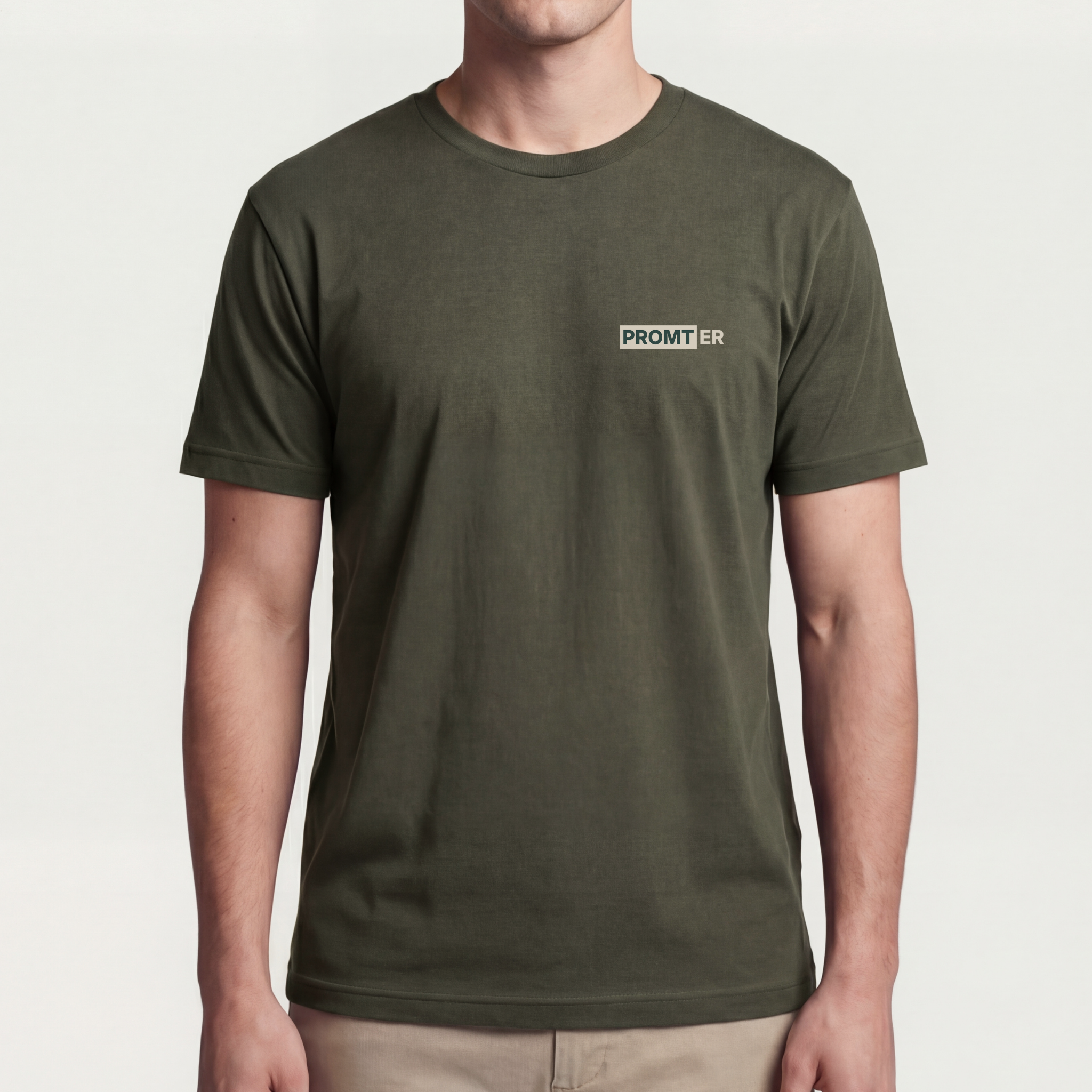 Founder Threads | Prompter Tee - Military Olive - Full Fit View. Full fit reference. Side-seamed 32-singles cotton build.
