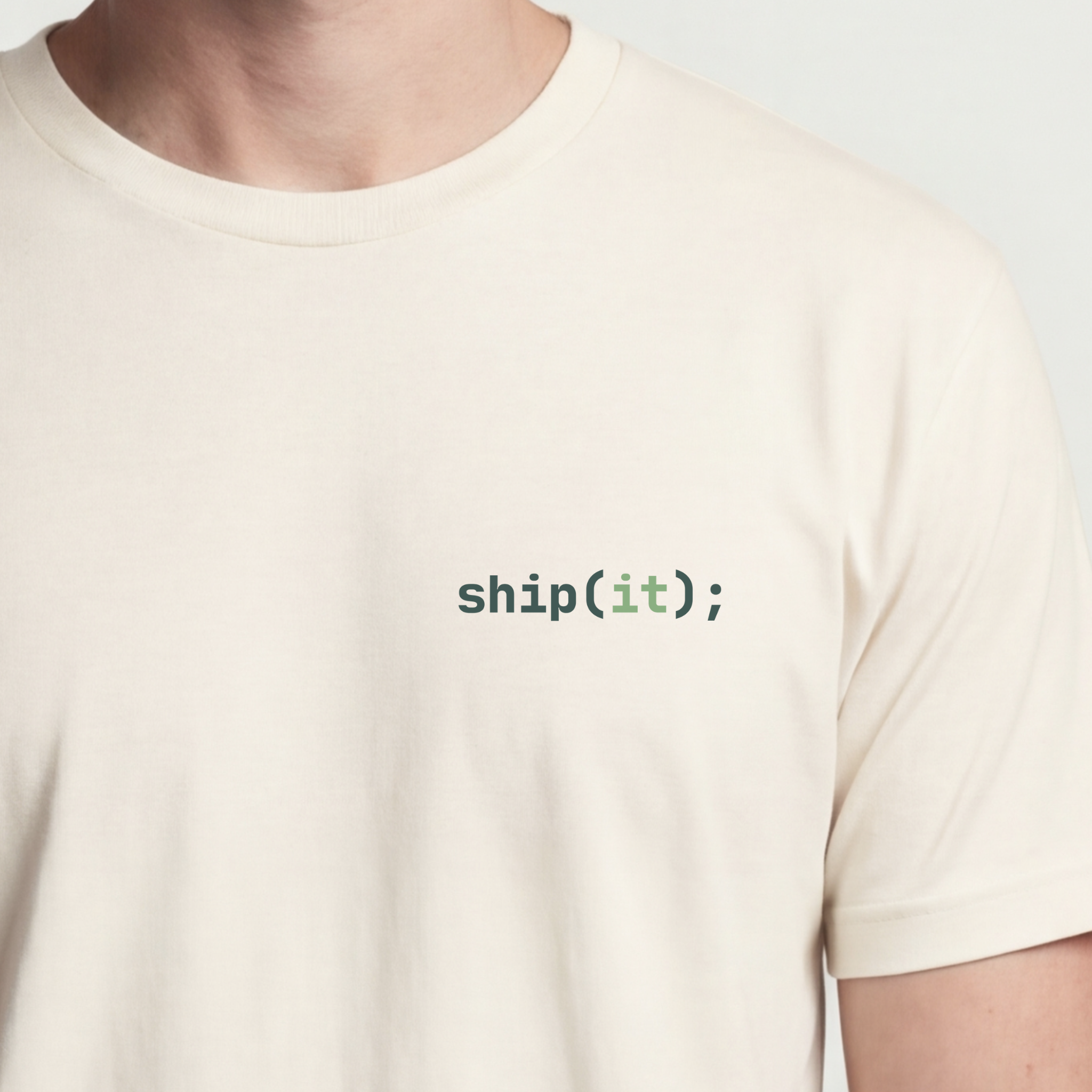 Founder Threads | ship(it); Technical Tee - Natural Bone - Hero Crop. Minimalist syntax gear for software founders and Next.js developers.