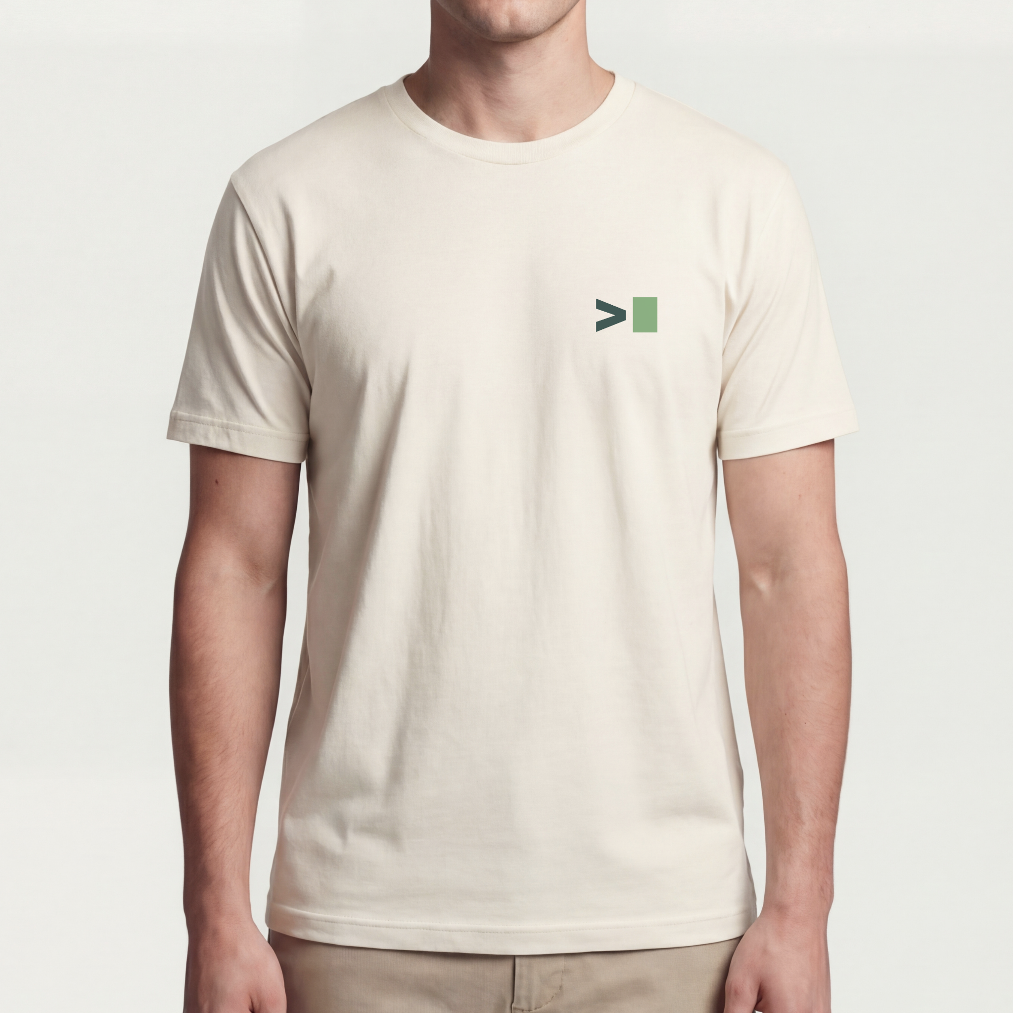 Founder Threads | Terminal Prompt Tee - Natural Bone - Full Fit View. Essential gear for high-cognitive builders. High-signal visual statement.