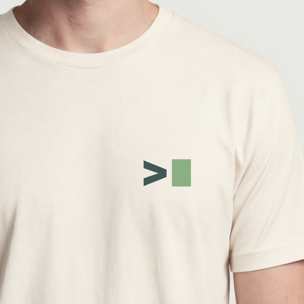 Founder Threads | Terminal Prompt Technical Tee - Natural Bone - Hero Crop. Minimalist command-line for software engineers and founders.