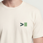 Founder Threads | Terminal Prompt Technical Tee - Natural Bone - Hero Crop. Minimalist command-line for software engineers and founders.