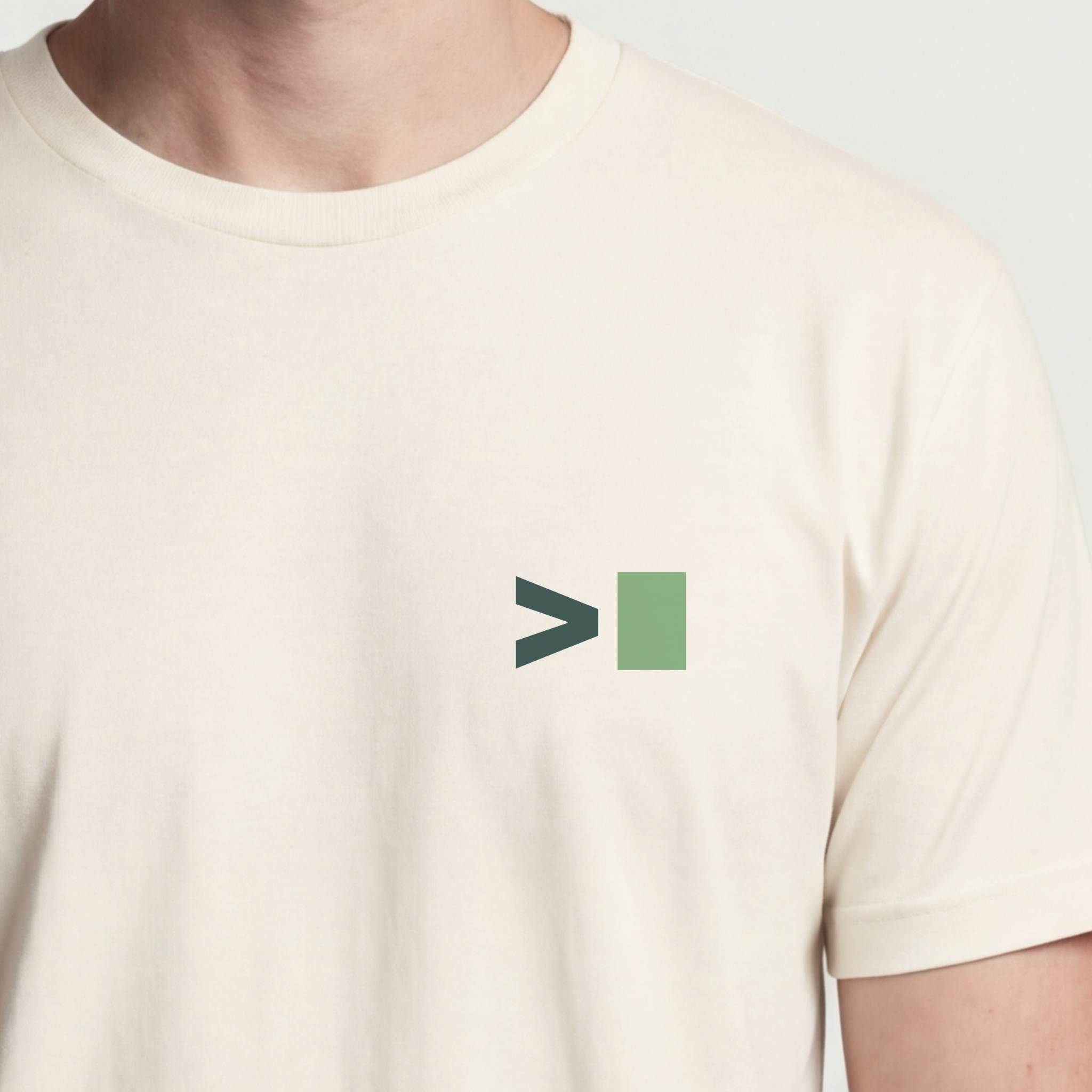 Founder Threads | Terminal Prompt Technical Tee - Natural Bone - Hero Crop. Minimalist command-line for software engineers and founders.