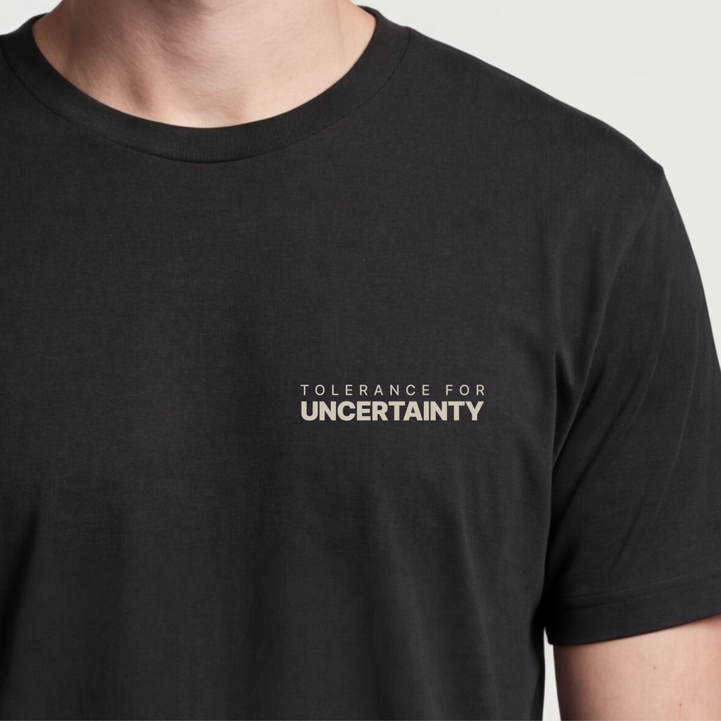 Founder Threads | Tolerance For Uncertainty Tee - System Black - Hero Crop. Gift for high-risk founders and technical builders.