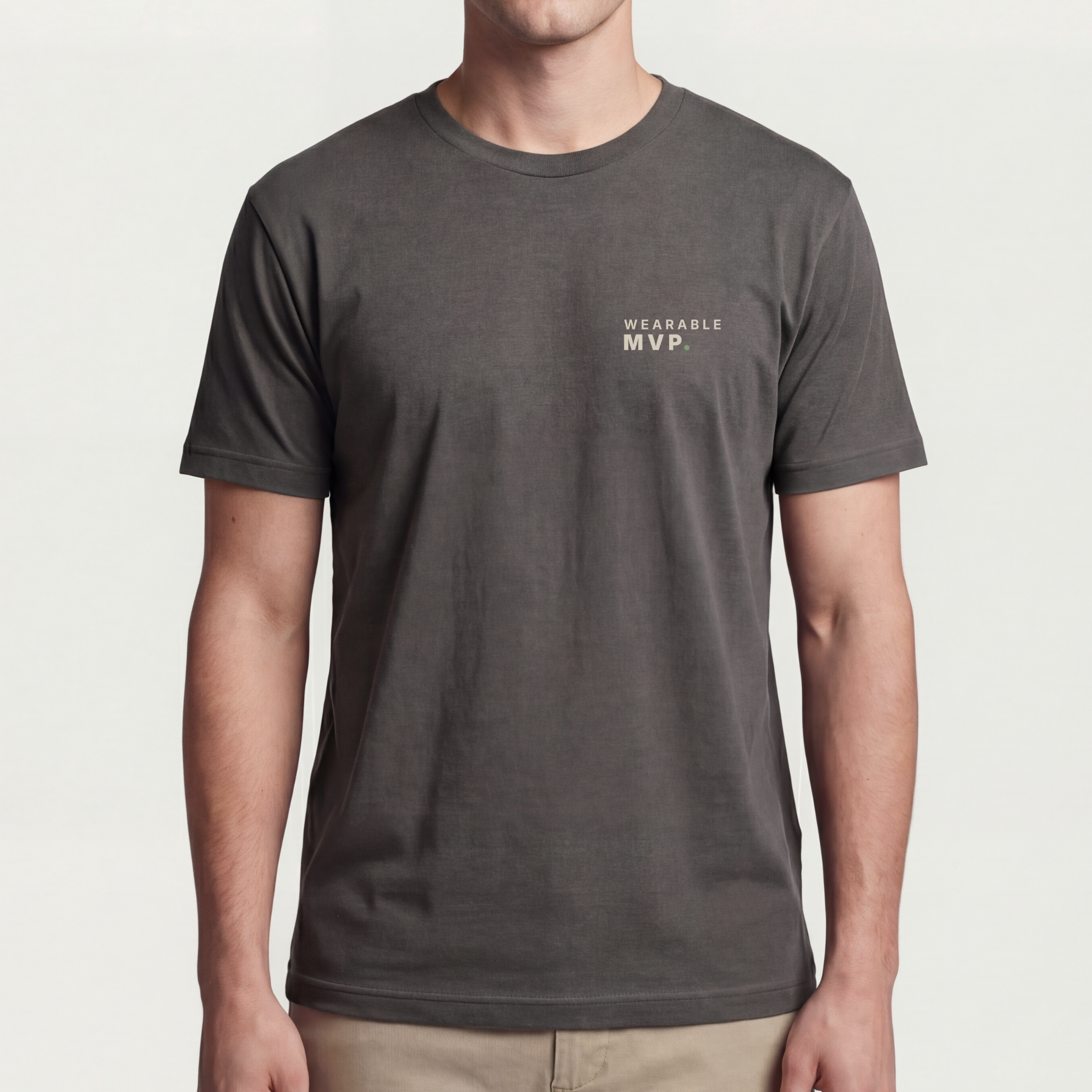 Founder Threads | WEARABLE MVP Tee - Asphalt Grey - Full Fit View. Minimalist tech founder wardrobe. Side-seamed retail-fit construction.