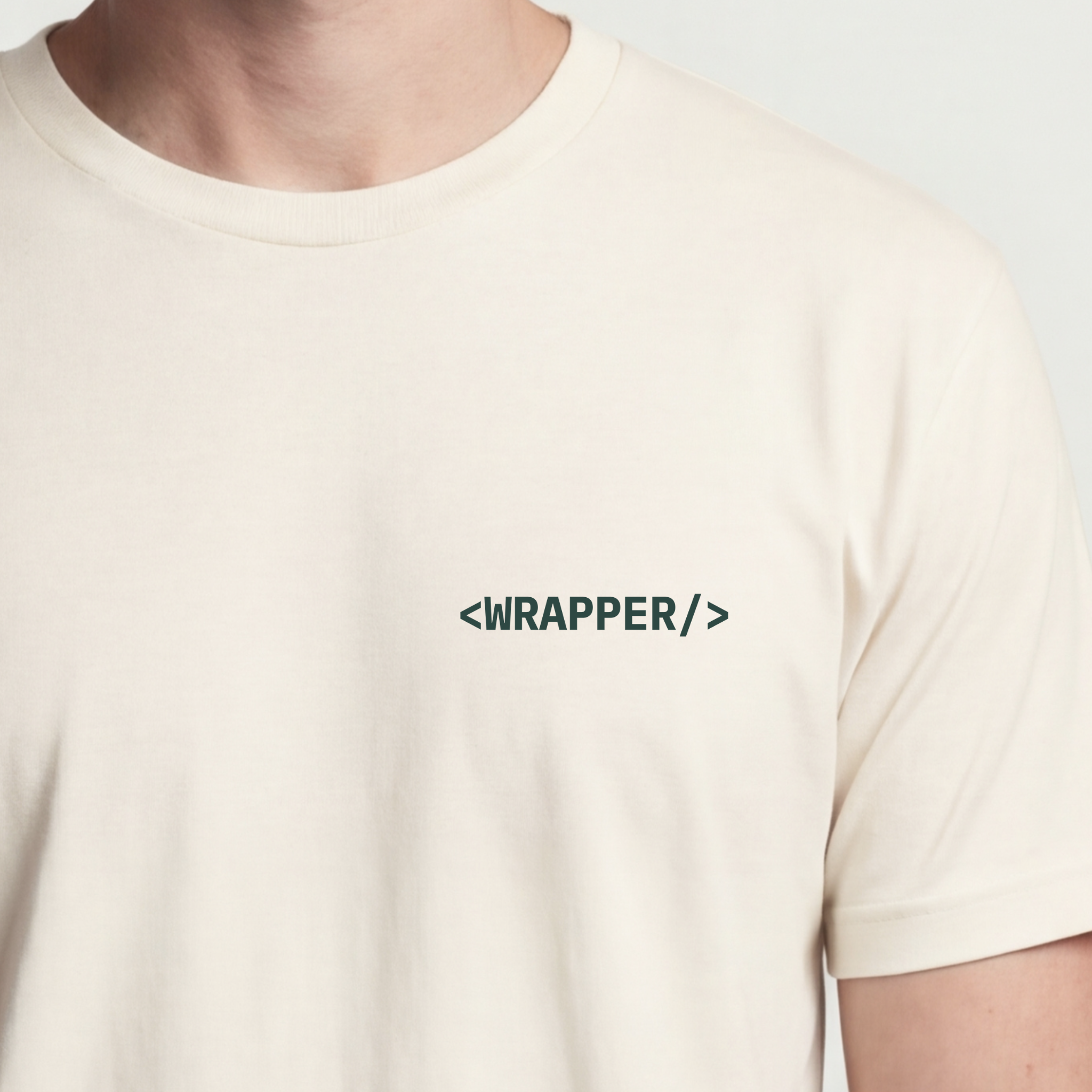 Founder Threads | Wrapper Tee - Minimalist Technical Detail - Natural Bone - Hero Crop. Minimalist detail for design-conscious builders.